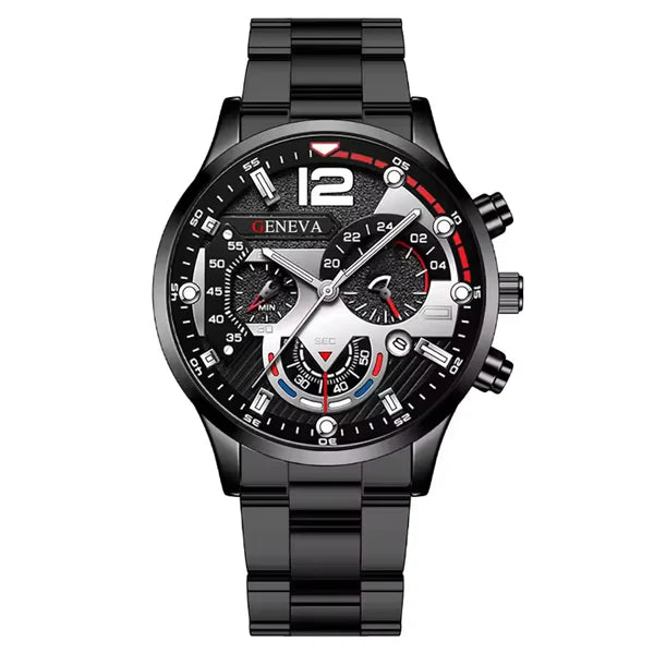 GENEVA Luxury Watch for Men Fashion Casual Wristwatches Business Men Quartz Watch 8395-Black with Gift Box