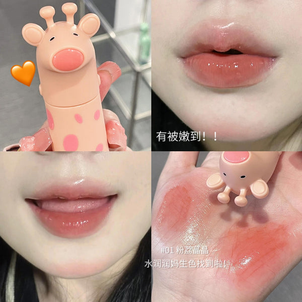 GEGE BEAR Cute Deer Crystal Jelly Mirror Lip Gloss Glass Lipstick Moisturizing Red