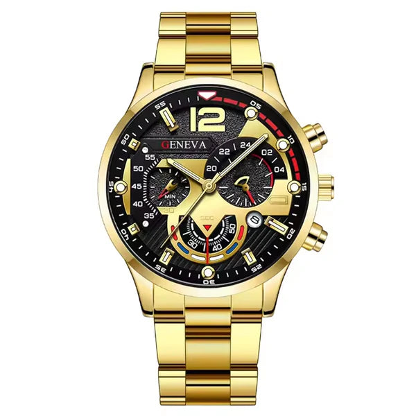 GENEVA Luxury Watch for Men Fashion Casual Wristwatches Business Men Quartz Watch 8395-Golden with Gift Box