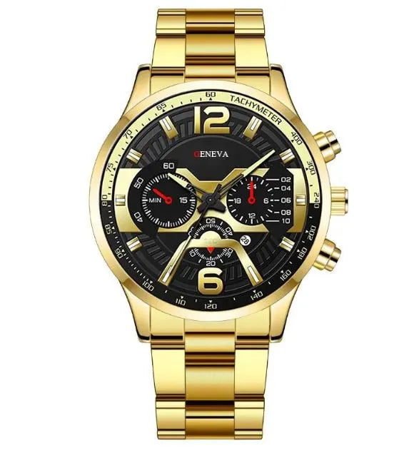 GENEVA Golden Watch for Men trend calendar steel strip quartz business wrist watch with Gift Box 8329