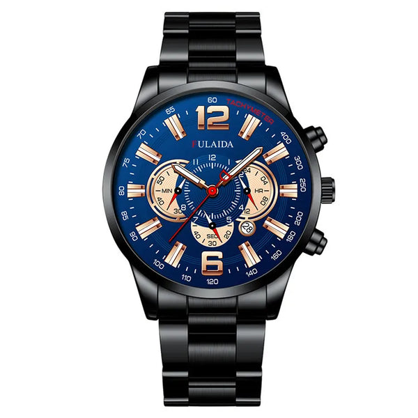 FULAIDA Black Watch for Men Stainless Steel Quartz Wrist Watch Business Luminous Clock with Gift Box