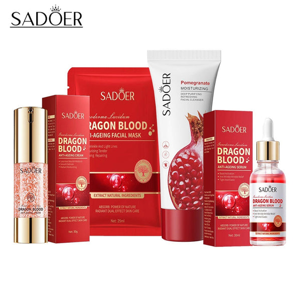 SADOER Sweet Savings Value 4 in 1  Dragon Blood & Pomegranate Skincare Set | Serum, Cream, Facial Mask & Cleanser | Anti-Ageing & Deep Moisturizing