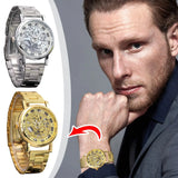 New Trending Luxury Analog Skeleton Golden Quartz Stainless Steel Watch For Men With Gift Box