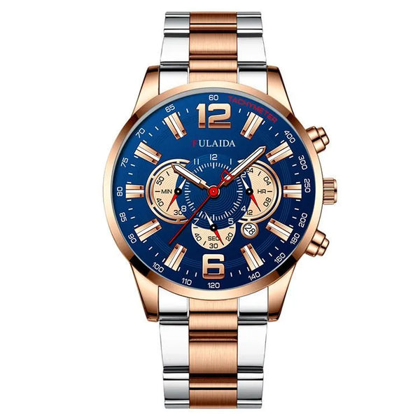 FULAIDA Rose Gold Watch for Men Stainless Steel Quartz Wrist Watch Business Luminous Clock with Gift Box