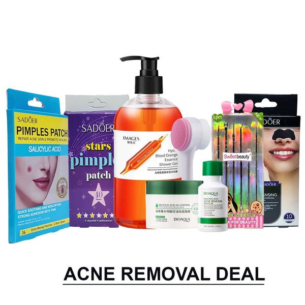 Sweet Savings Value Pack of 8 Items Acne Removal Complete Skincare Deal – Salicylic Acid, Pimple Patches, Cleansing Brush & Tools