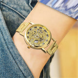 New Trending Luxury Analog Skeleton Golden Quartz Stainless Steel Watch For Men With Gift Box