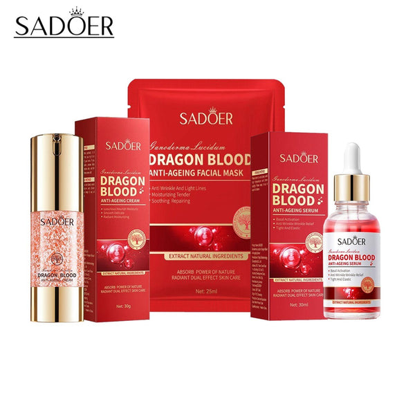 SADOER Sweet Savings Value Pack of 03 Dragon Blood Anti-Ageing Skincare Deal | Serum, Cream & Facial Mask | Wrinkle Repair & Hydration