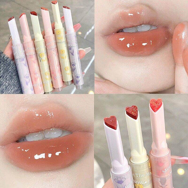 Gege Bear 1 Piece Jelly Lipstick Pen Heart Shape Mirror Watergloss Lip Glaze Moisturizing Sexy Lip Tint Long-lasting Waterproof Lips Makeup