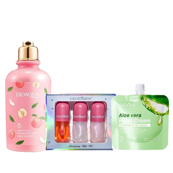 Winter Daily Care 3 In 1 Deal Complete Skincare & Lip Care Trio – Bioaqua Peach Body Lotion + Sadoer Aloe Vera Hand Cream + GegeMoon Lip Gloss Set