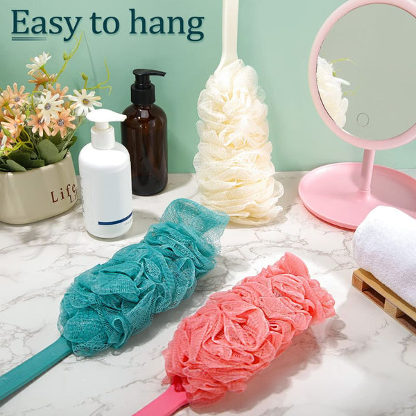 Decor Rack Bath Sponge with Handle, Shower Loofah Brush, Back Cleaning Scrubber, 8” Long Curved Handle For Girls , Men & Women