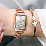 Women Rectangle Marble Dial Roma Watches Ladies Rose Gold Stainless Steel Quartz Wrist Watches