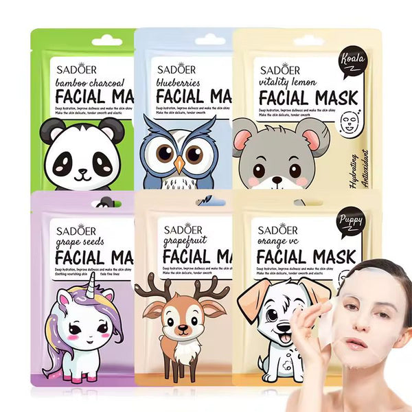 SADOER Pack of 06 Cartoon  Fresh Fruit Face Mask Moisturizing Soothing Brightening Hydrating Face Sheet  Mask