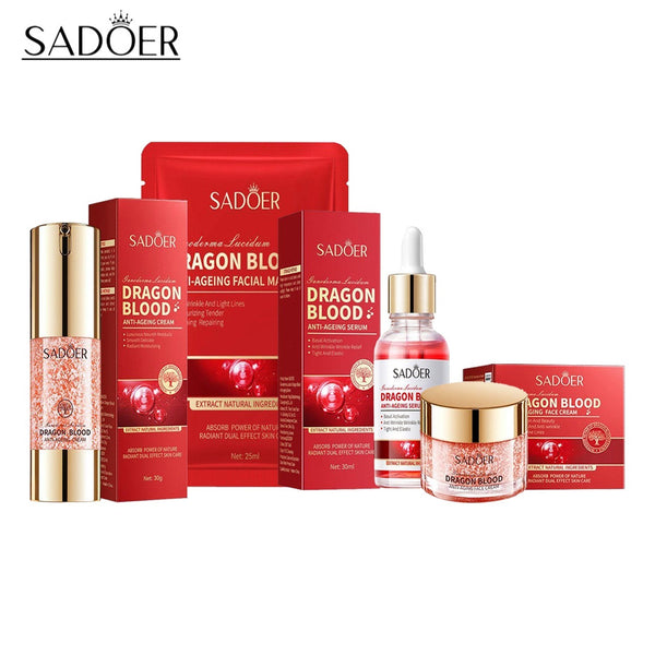 SADOER Sweet Savings Value Pack of 04 Dragon Blood Complete Anti-Ageing Skincare Set | Serum, Cream, Lotion & Facial Mask | Wrinkle Repair & Hydration