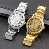 New Trending Luxury Analog Skeleton Golden Quartz Stainless Steel Watch For Men With Gift Box