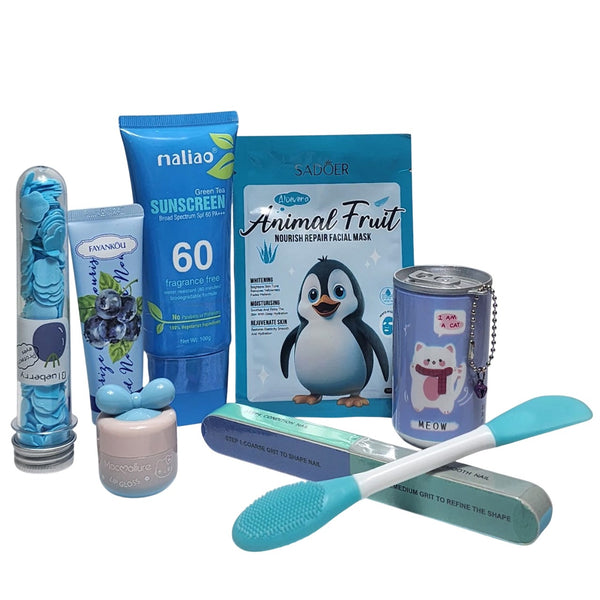 Sweet Savings Value Pack of 8 Items Blue Beauty Self-Care Combo | Sunscreen, Mask, Lip Gloss, Hand Cream & Accessories"