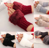 Winter Gloves Artificial Fur Ladies Fingerless Wool Knitted Gloves