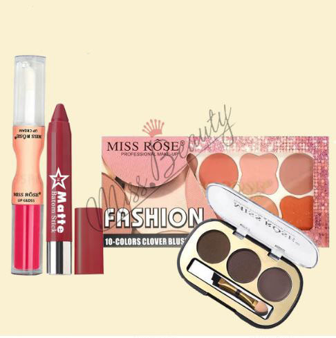 Miss Rose Pack of 4 makeup Deal in random ( 10-Colors Clover Blusher Palette , Missrose matte lip crayon , MissRose pout shape 2 in 1 lip oil + lip gloss  , 3 color eyebrow powder )