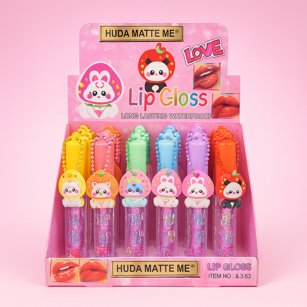 HUDA MATTE ME Lip Gloss – Cute Charm Caps, Long-Lasting Waterproof Shine (Counter Display | Item No. X-533)