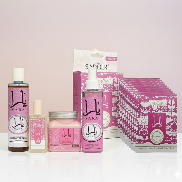 Yara Pink 5-in-1 Ultimate Beauty Combo | Full Body Fragrance Set & Sadoer Face Mask Deal