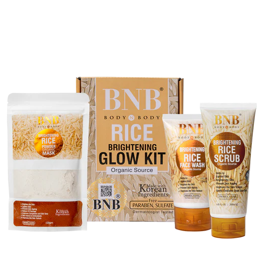 BNB 3 in 1 Rice Brightening Glow Kit Complete Skincare Set with Face Wash Scrub and Powder Mask for Radiant Skin