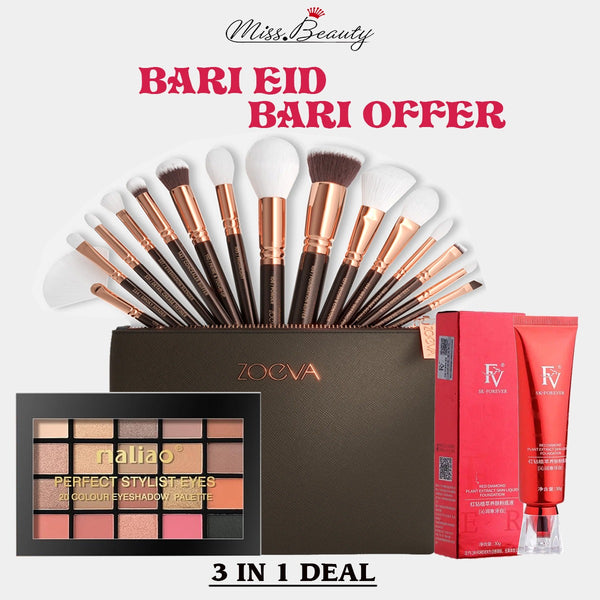 FV Liquid Foundation + Maliao 20 Color Eyeshadow Palette + Zoeva 15Pcs Brush Set Deal