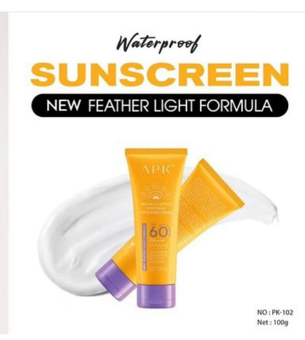 APK SPF 60 New Feather Light Formula PA+++ Whitening Sunscreen Cream | Waterproof & Sweatproof UVA/UVB Protection 100g