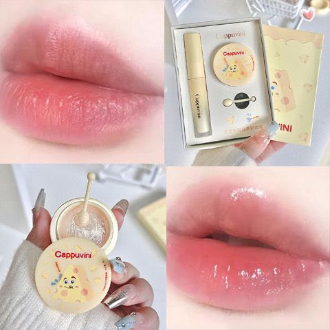 Cappuvini Cheese Lip Gloss & Lip Balm Set Moisturizing Hydrating Reducing Fine Lines Lip Care Base Makeup Milky Color