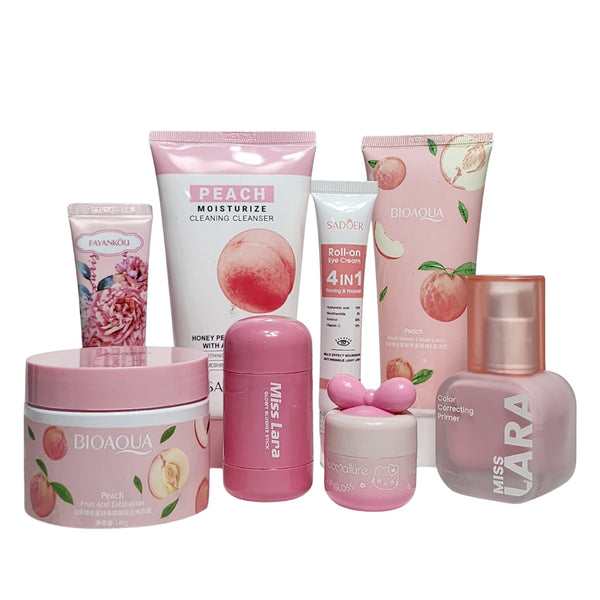 Sweet Savings Value Pack of 8 Items Peach Skincare & Makeup 8 in 1 Complete Beauty Care Set
