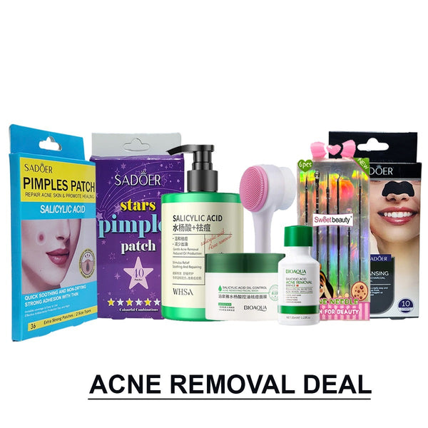 Sweet Savings Value Pack of 8 Items Acne Removal Complete Skincare Deal – Salicylic Acid, Pimple Patches, Cleansing Brush & Tools