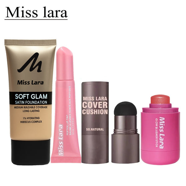 Miss Lara Makeup Combo Pack – Soft Glam Satin Foundation + Peptide Lip Tint + Cover Cushion + Glow Blusher Stick