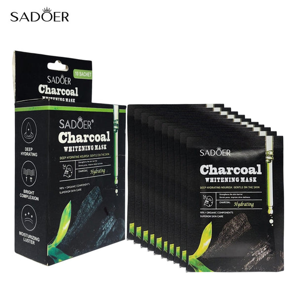Sadoer Charcoal Whitening Face Mask – Pack of 10 | Deep Detox + Hydrating Sheet Mask