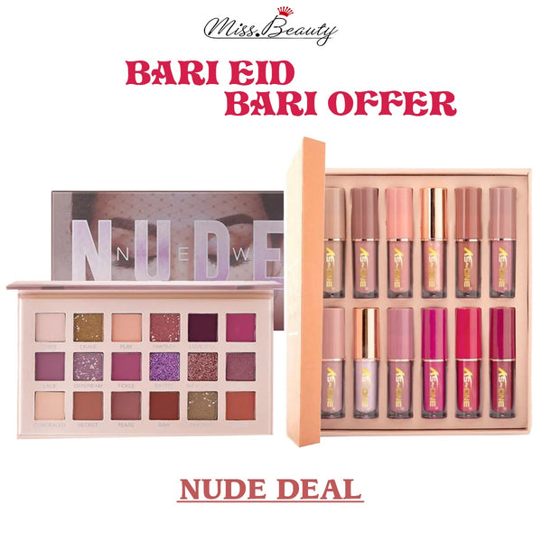 2 In 1 Nude Deal 12 Pcs Matte Lipgloss Set + Nude Palette 18 Colors