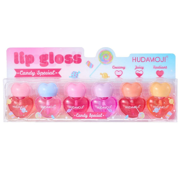 HudaMoji Pack of 06 New Cute Heart Shape  Candy Special Lip Gloss Set – Creamy, Juicy & Radiant Finish LG-112