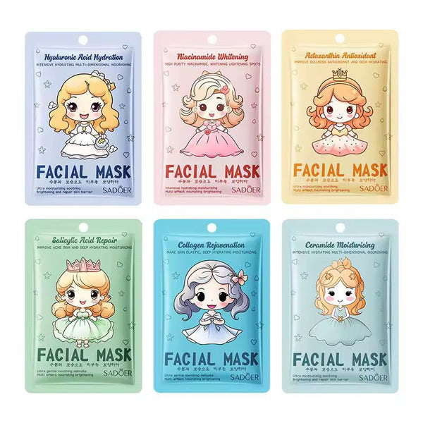 SADOER Pack of 06 Princess Hyaluronic Acid Collagen Face Mask Facial Skincare Moisturizing Hydrating Facial Sheet Masks Korean
