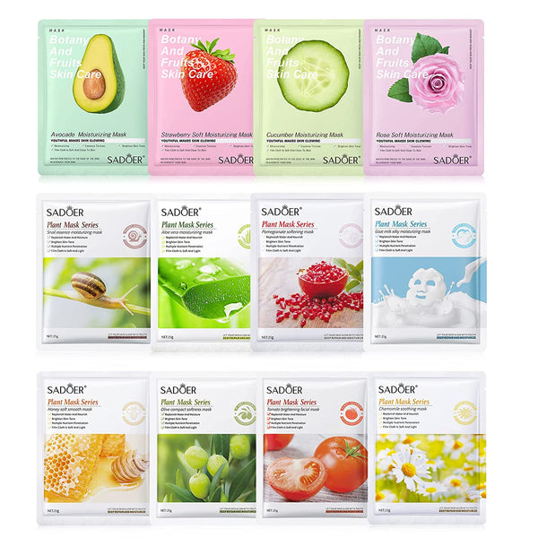 SADOER / Bioaqua Bundle of 12pcs & 15pcs Facial Face Sheet Mask, Hydrating, Radiance Boost, Calming, Moisturizing, Skin Care Sheet Masks