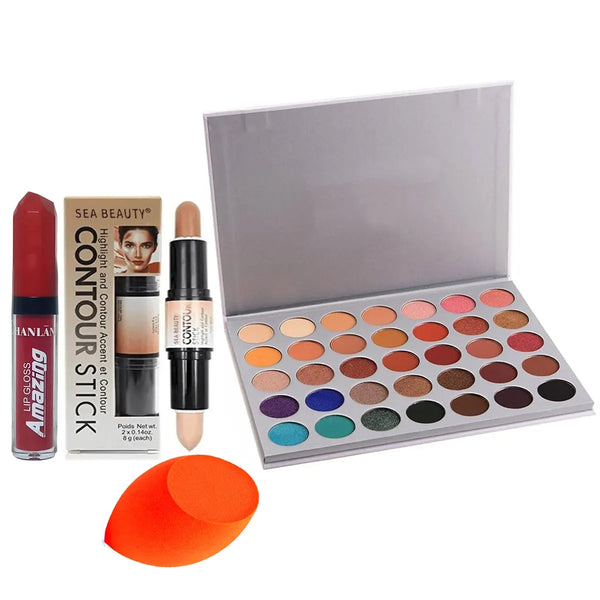 Miss Beauty Pack of 4 Make deal (35 color makeup palette , Lip gloss , blender , 2 in 1 highlighter contour stick )