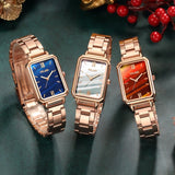 Women Rectangle Marble Dial Roma Watches Ladies Rose Gold Stainless Steel Quartz Wrist Watches