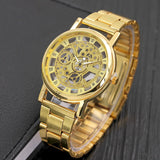 New Trending Luxury Analog Skeleton Golden Quartz Stainless Steel Watch For Men With Gift Box