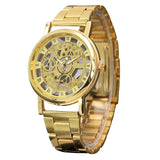 New Trending Luxury Analog Skeleton Golden Quartz Stainless Steel Watch For Men With Gift Box