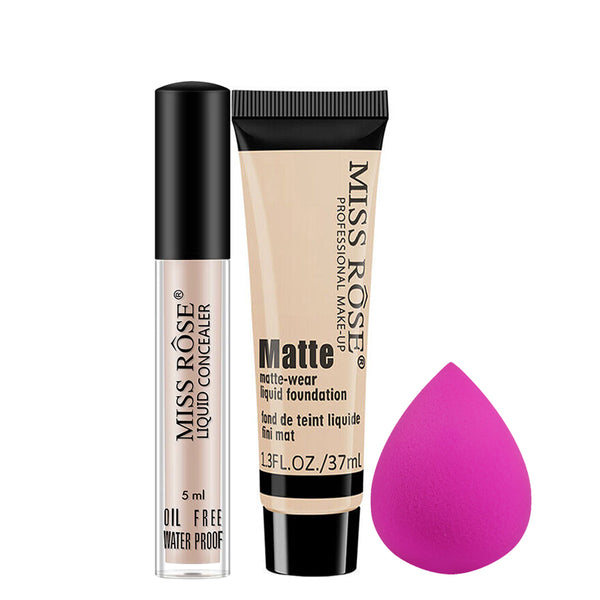 MISS ROSE Concealer , Matte Foundation And Blender - 3 Pcs Set