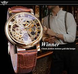 New Original Skeleton Genuine Brown Leather Strap Watch Business Top Brand Luxury Skeleton Analog Watch (with gift box)