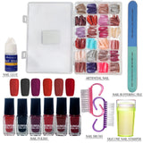 Pack Of 06 Nails Deal Artifical Nails 576Pcs And Nail Polish Nial Stamper & Nail Brush Nial Glue & Nails buffering File