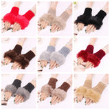 Winter Gloves Artificial Fur Ladies Fingerless Wool Knitted Gloves