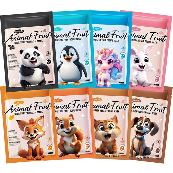 SADOER Pack of 08 Animal Fresh Fruit Natural Animal Series Multi-effect Nourish Repairing Fruit Facial  Sheet Mask