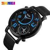 SKMEI Original Dual Time Quartz Stainless Steel Mesh Chain Waterproof Wrist Watch For Men & Boys- With Brand Box & Bag 9168