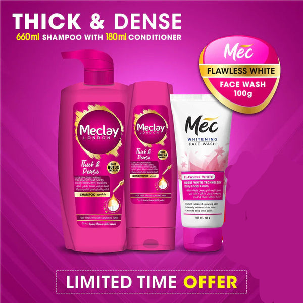 Meclay London Thick & Dense Shampoo 660ml With Conditioner 180ml + Mec Flawless White Face Wash Pair Box (Save Rupees 250)