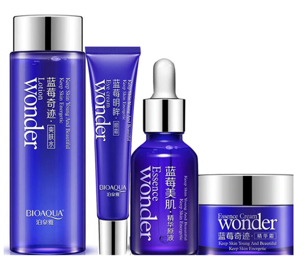 BIOAQUA 4Pcs Wonder Series Blueberry Moisturizing Eye Cream , Face Toning Lotion , Blueberry Liquid Serum , Face Cream.